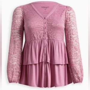 ⭐ Pink Babydoll Lace Button Down Top - Torrid - NWT